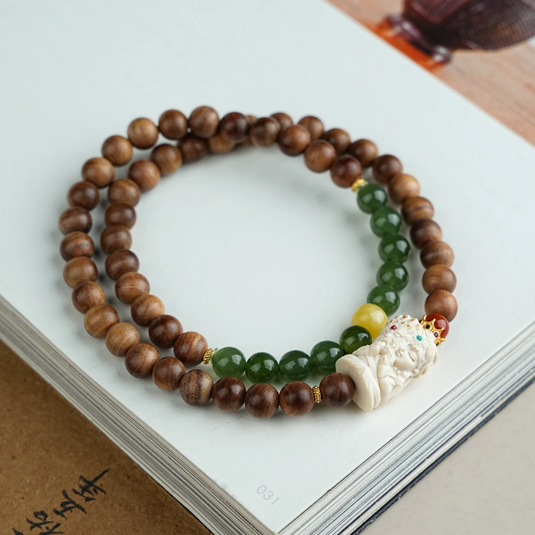 《舞阳》新品猛犸牙扎基拉姆百搭老山檀香横纹6mm女diy设计双圈手串