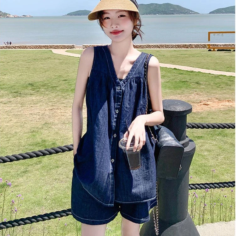 慵懒风休闲牛仔套装女2024夏季新款甜美无袖背心阔腿短裤两件套女