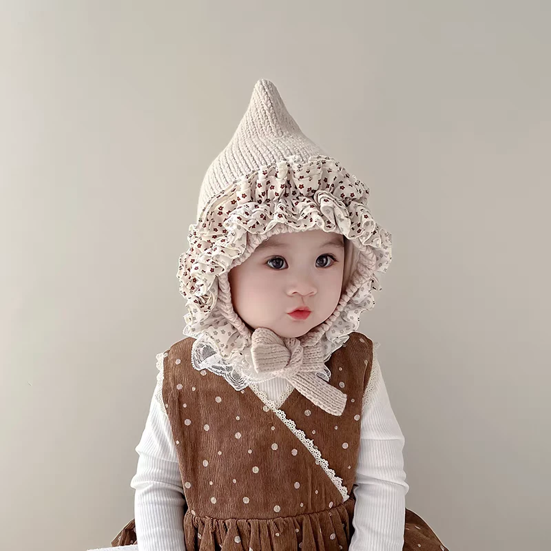 3个月到3岁韩系花边女宝宝帽子秋冬季保暖加厚女童针织护耳毛线帽