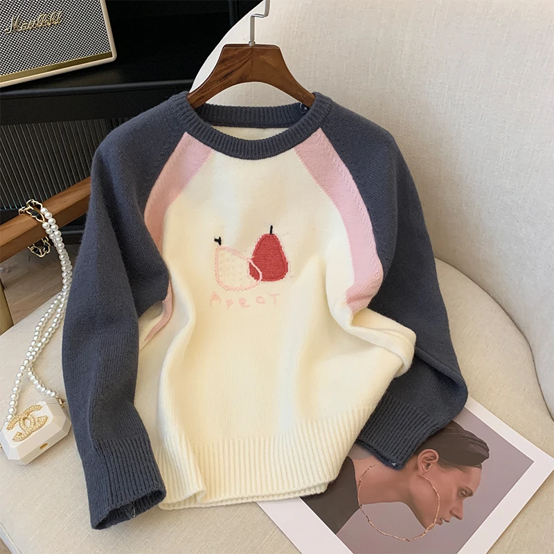 韩版复古插肩袖针织衫女秋冬甜美减龄设计感刺绣毛衣高级遮肉上衣