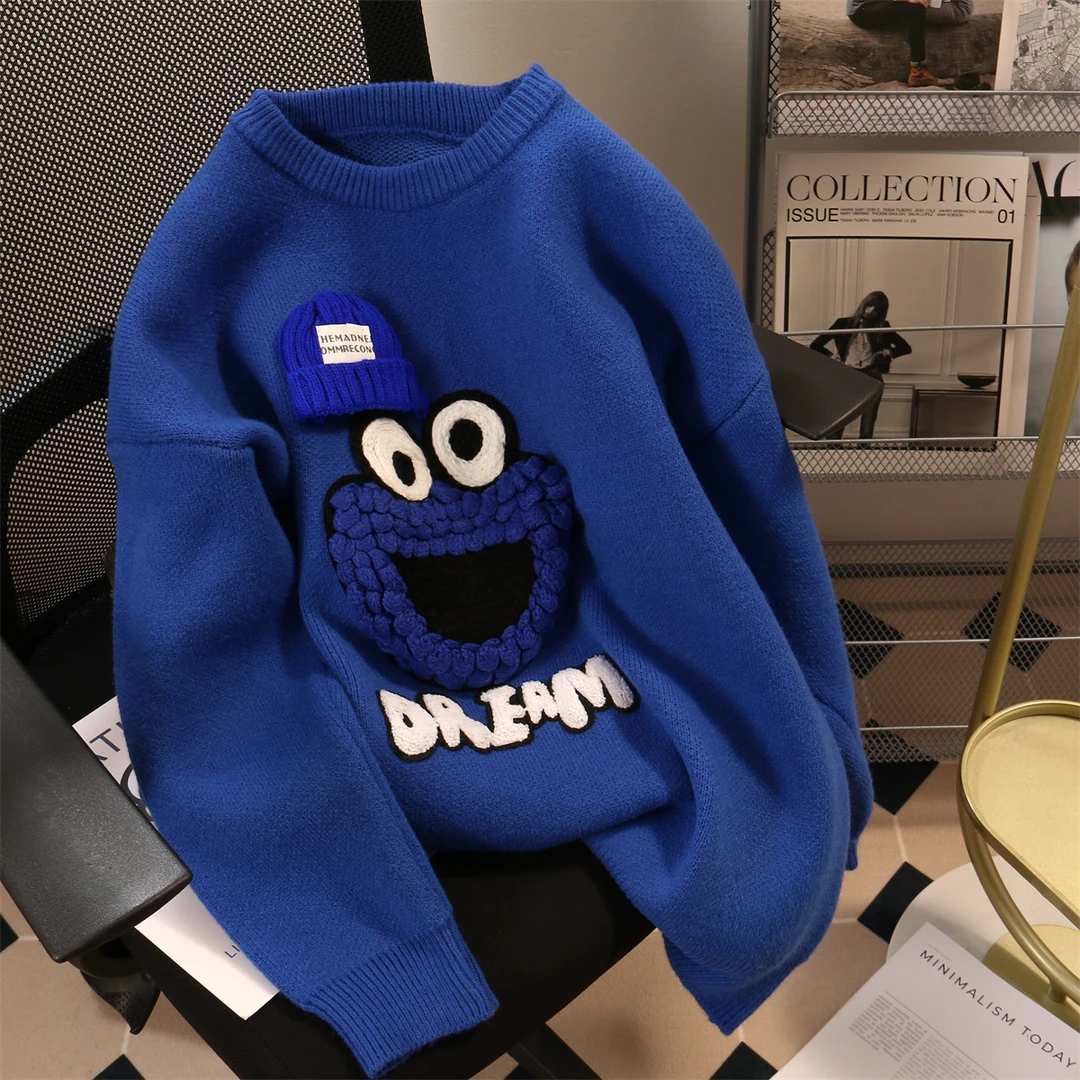 韩系克莱因蓝别致小怪兽毛衣外套女秋冬季2023新款高级感针织上衣