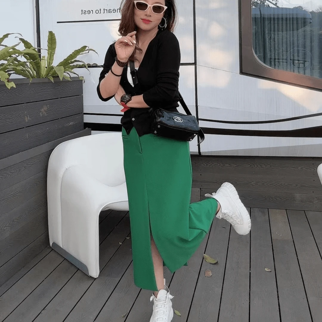 FER菲然女装 欧货高腰显瘦开叉时尚纯色半裙小众百搭长款 3103052