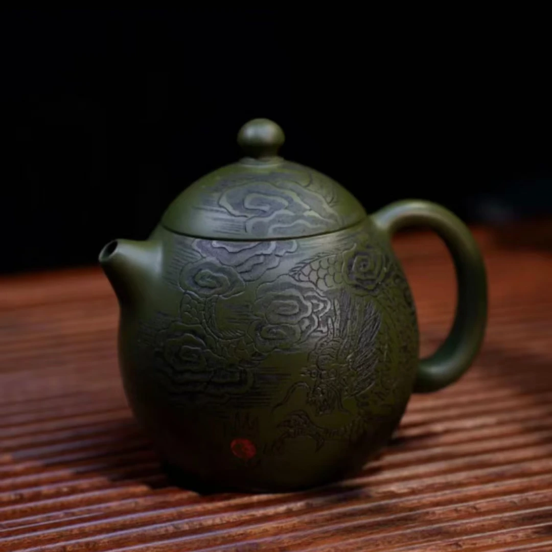宜兴紫砂范建新李卢春双国工翡翠绿泥游龙龙蛋紫砂壶