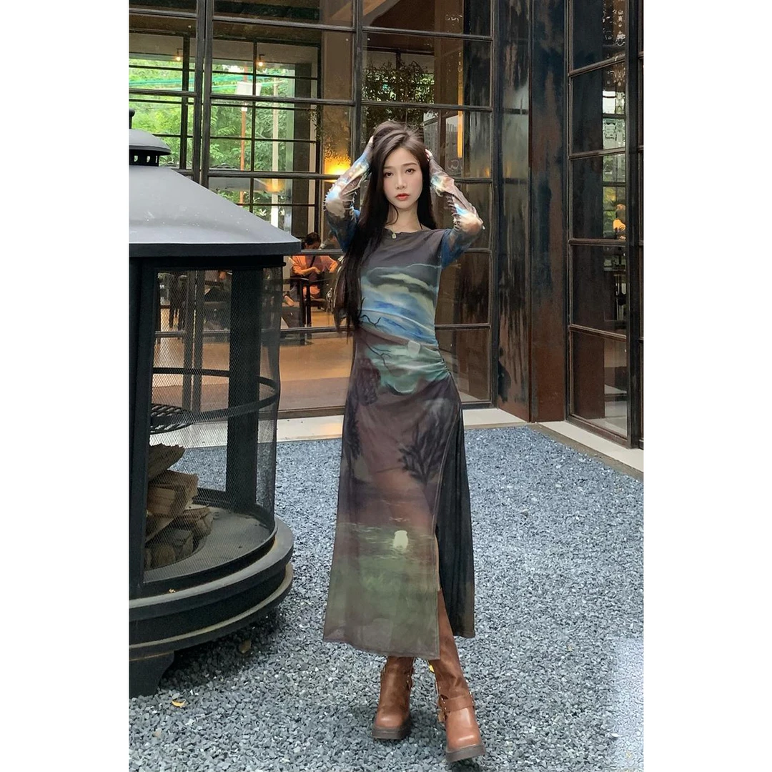 国风印花小众日落气质修身吊带连衣裙两件套女辣妹不规则长款开叉