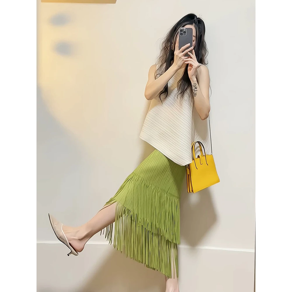 法式小香风轻奢高端女装褶皱流苏半身裙设计感无袖上衣小个子时尚