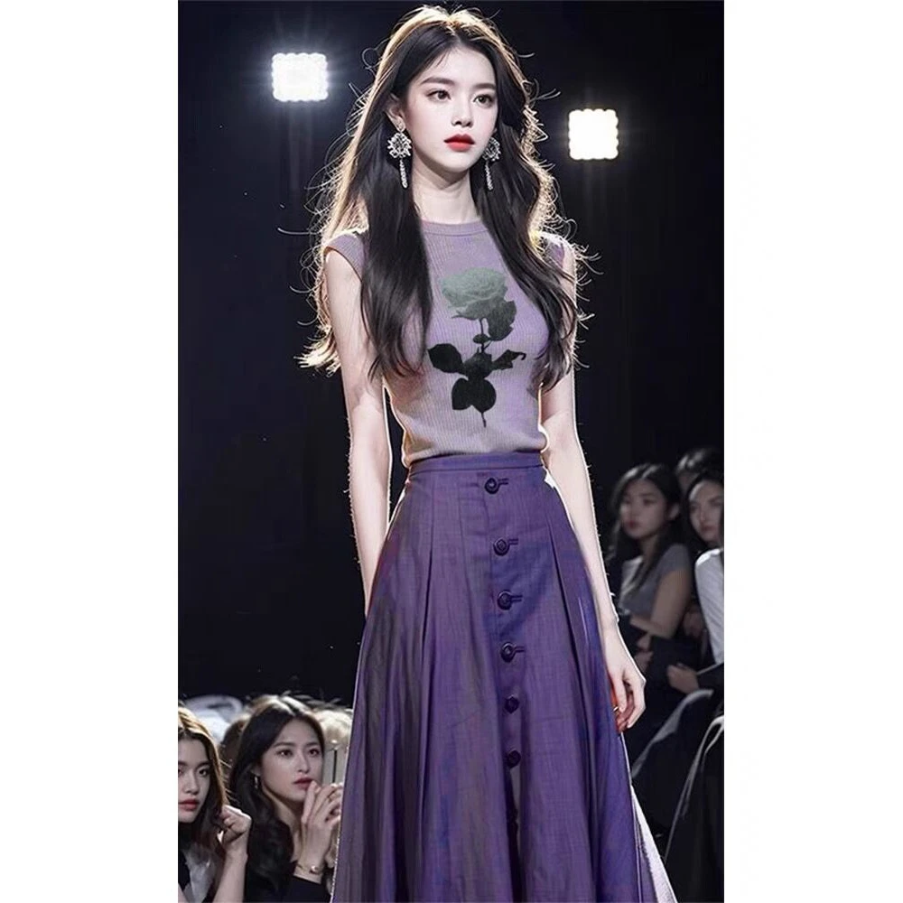 洋气紫火优雅轻奢法式高级感紫色休闲无袖女装时尚上衣半身裙