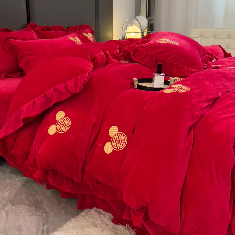 水星高端新家纺宝宝绒婚庆四件套大红喜庆被套冬季加厚牛奶绒新结