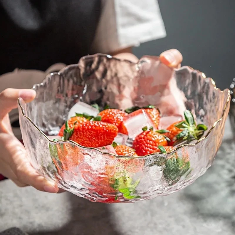 简约网红日式家用锤纹玻璃碗金边透明水果盘创意餐具蔬菜沙拉碗果