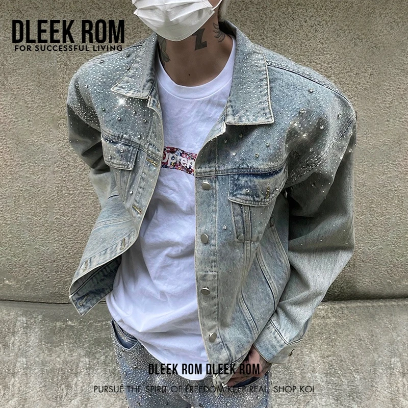 DLEEK ROM复古高级烫钻手工牛仔夹克春秋季外套休闲情侣高街小众