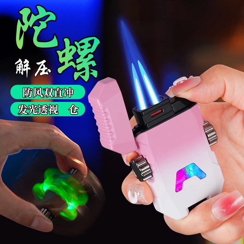 网红创意蓝火焰充气打火机防风卡通指尖陀螺科技感机甲风透明炫酷