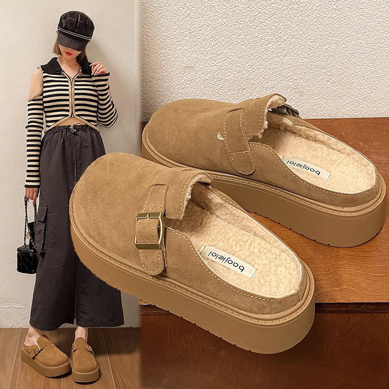 R厚底毛毛拖鞋女勃肯鞋2024新款冬季加绒保暖博肯雪地靴包头拖鞋