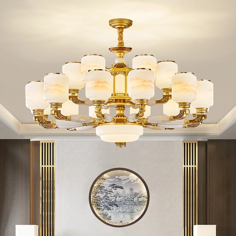 新中式玉石吊灯客厅灯现代简约山水灯罩家用主灯卧室餐厅高端灯具