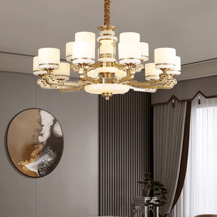 家用新款全铜玉石新中式客厅餐厅别墅复式楼高端客厅吊灯轻奢
