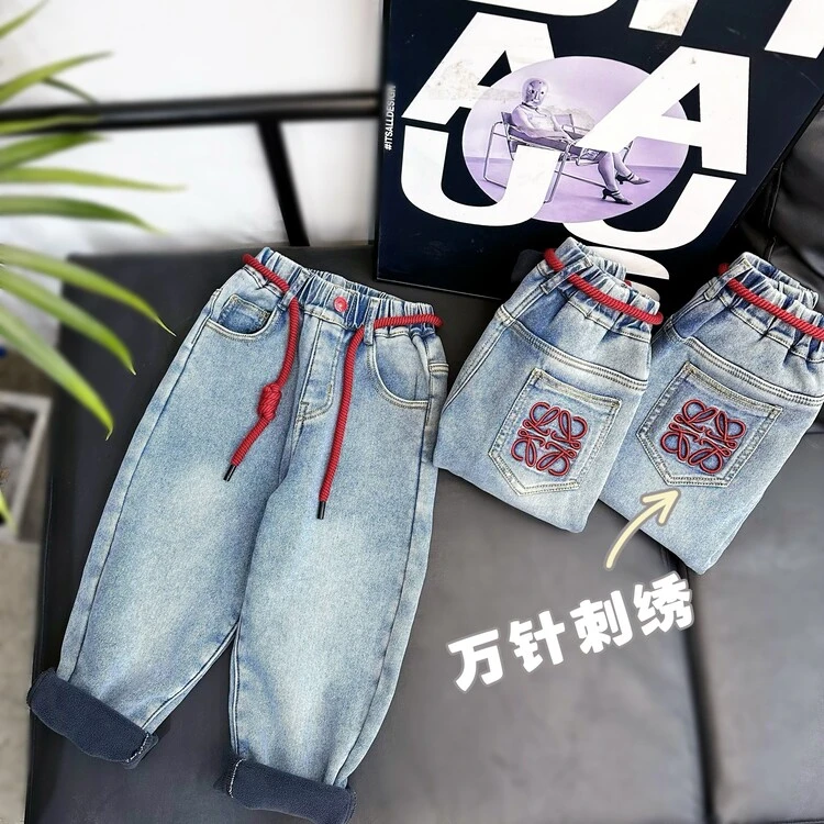 直播爆款2023冬季新款女童牛仔裤长裤中国结加绒加厚毛巾绣-T
