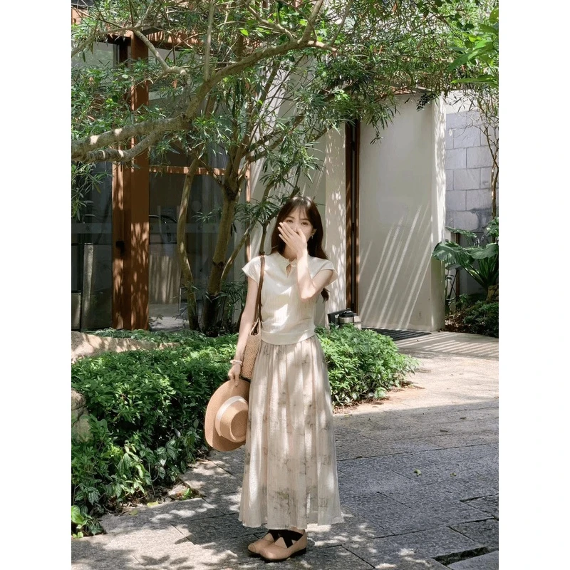 夏季新款新中式改良唐装盘扣小飞袖衬衫百搭水墨画半身裙两件套装