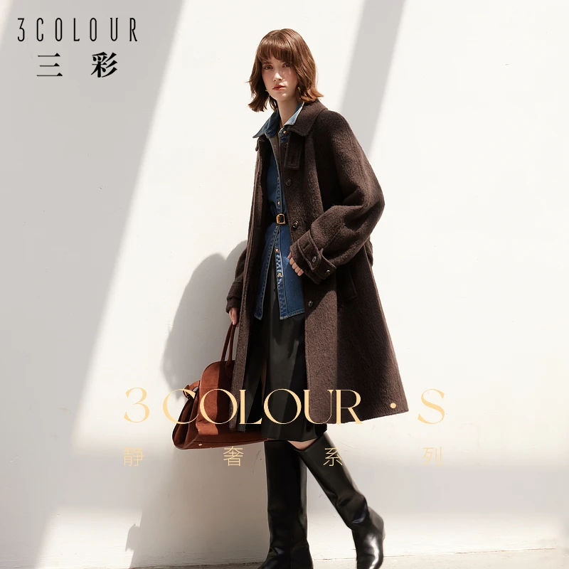 三彩2024冬新款羊毛加棉呢马海毛大衣宽松毛呢长外套英伦风女S