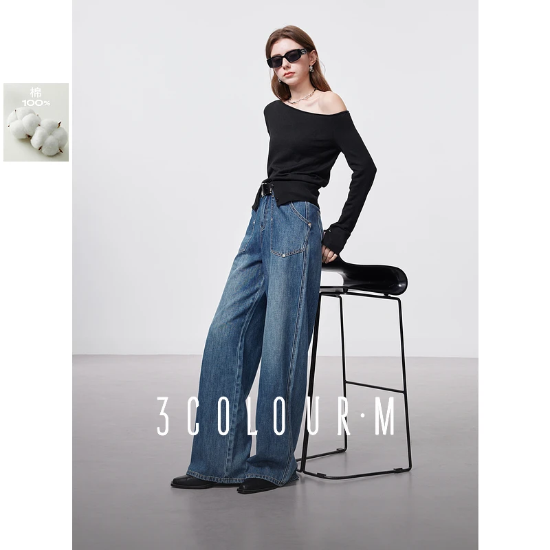 三彩2025春季新款洋气复古牛仔裤中腰宽松设计感阔腿直筒长裤女