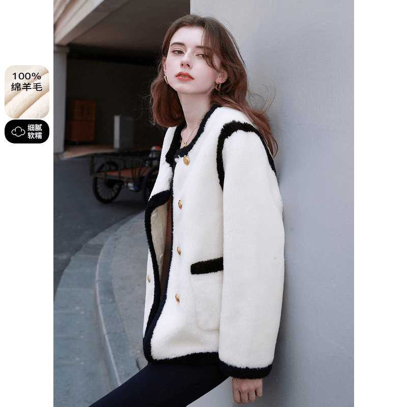三彩女装2023冬季新款香风绵羊毛皮草外套圆领颗粒绒上衣撞色优雅