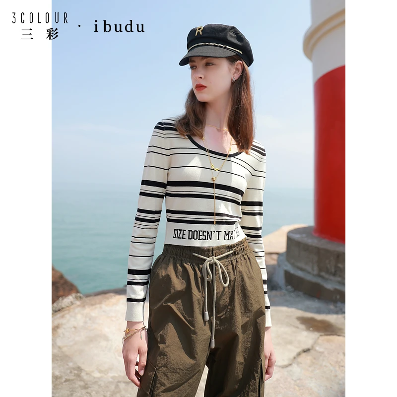三彩ibudu2024秋季新款条纹针织衫圆领字母提花短款毛衫修身女