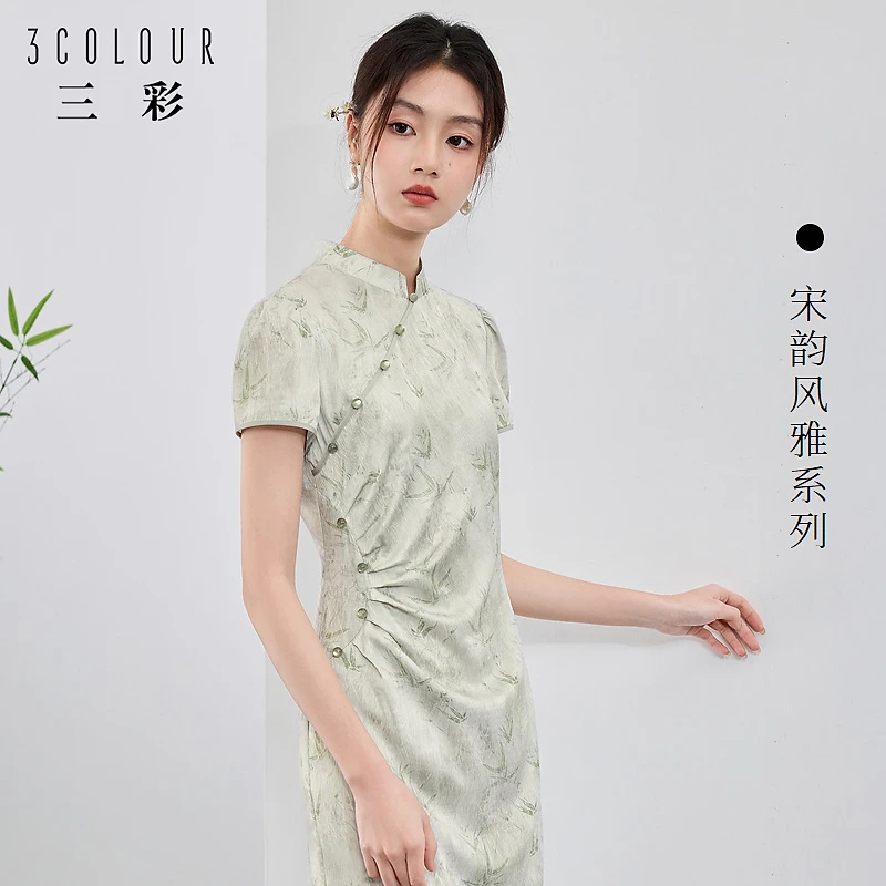 三彩【竹影清风】新款新中式印花连衣裙开叉长裙右襟C