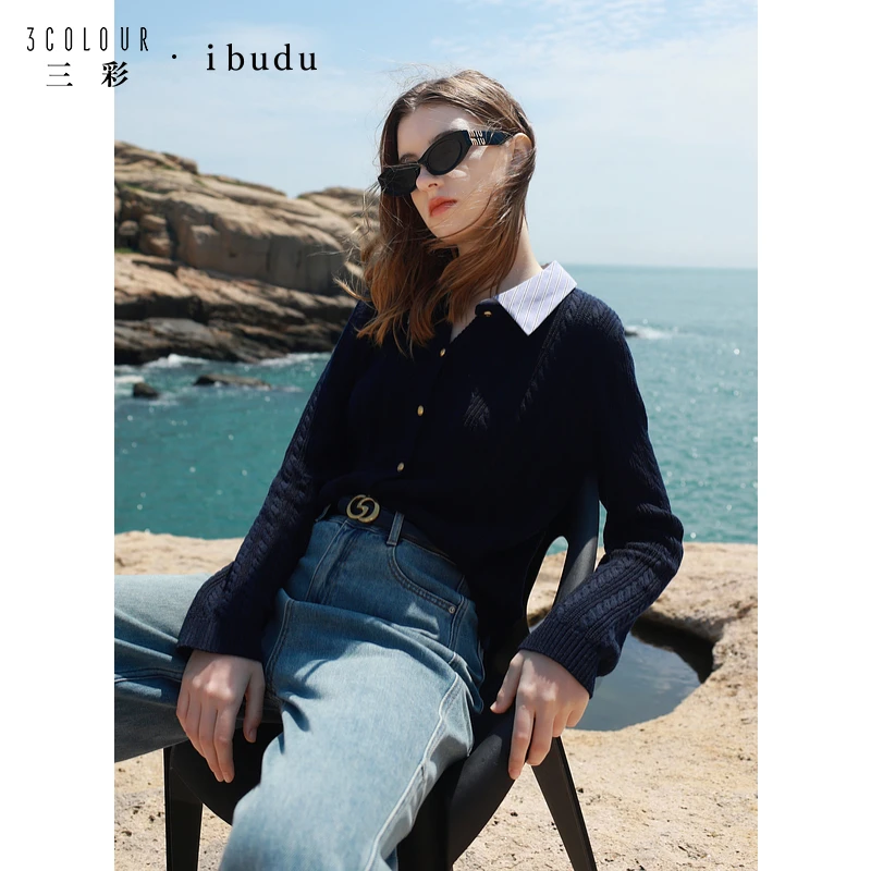 三彩ibudu2024秋季新款假两件条纹翻领针织衫绞花肌理开衫女