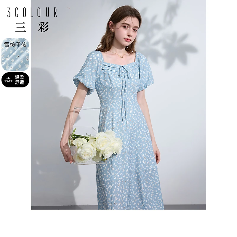 三彩2024夏季新款法式雪纺蓝色碎花连衣裙方领收腰A字开叉长裙女M