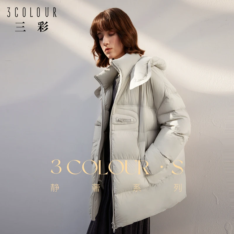 三彩2024冬季连帽羽绒服宽松鹅绒面包服中长简约保暖灰色女S0953