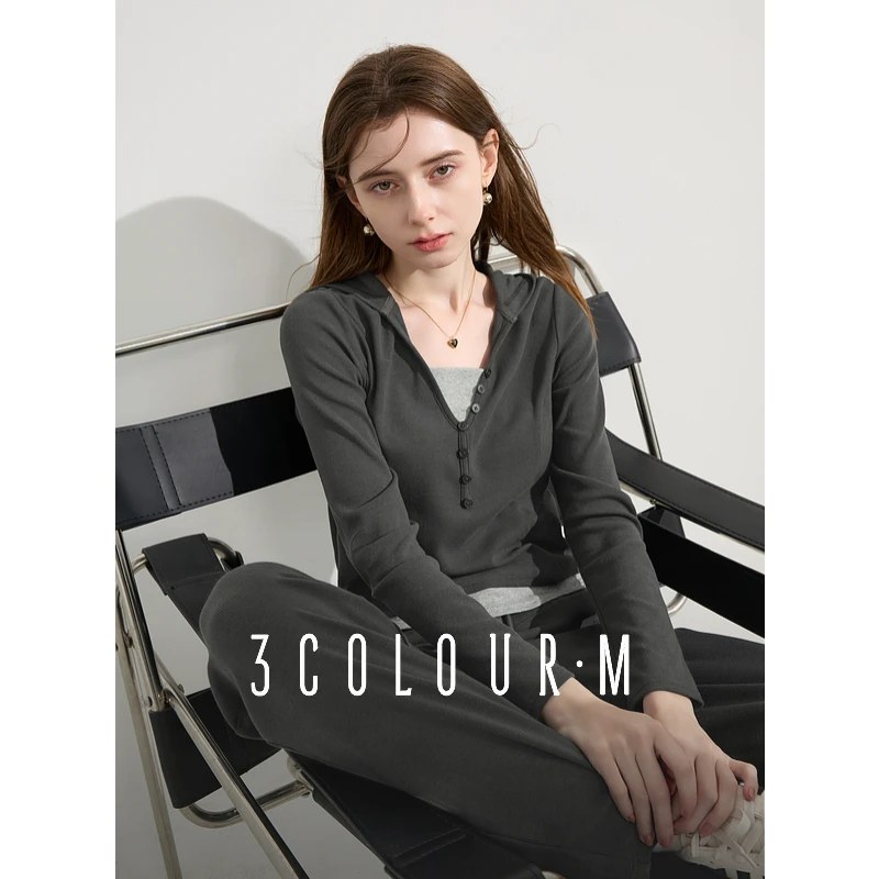 三彩2025春季休闲套装假两件套卫衣宽松直筒裤长裤时尚女M1930