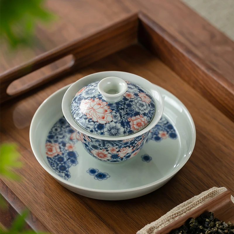 复古百花三才盖碗青花釉下彩可悬停功夫茶具不烫手家用茶具