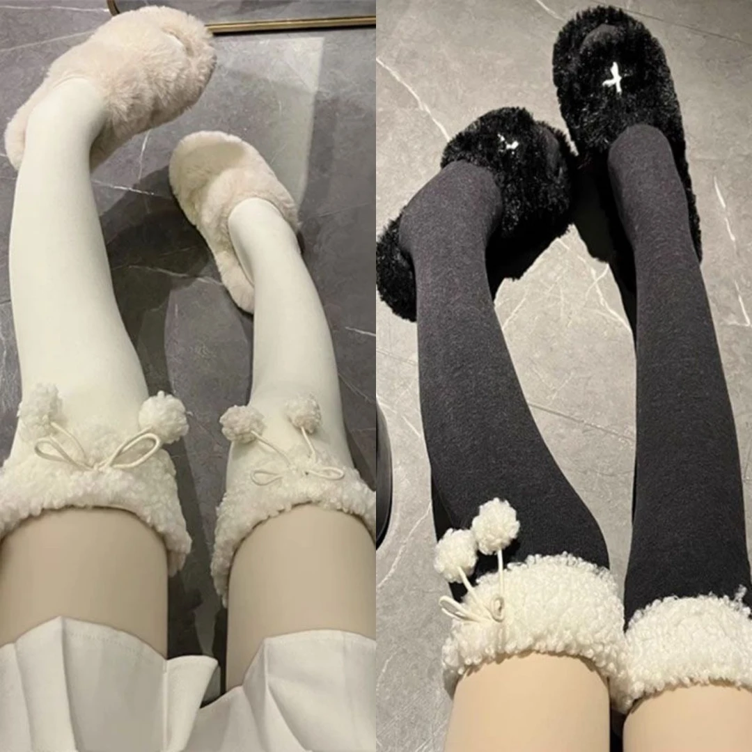 毛绒长筒袜子女可爱日系jk过膝袜甜酷辣妹lolita毛球高筒袜秋冬款