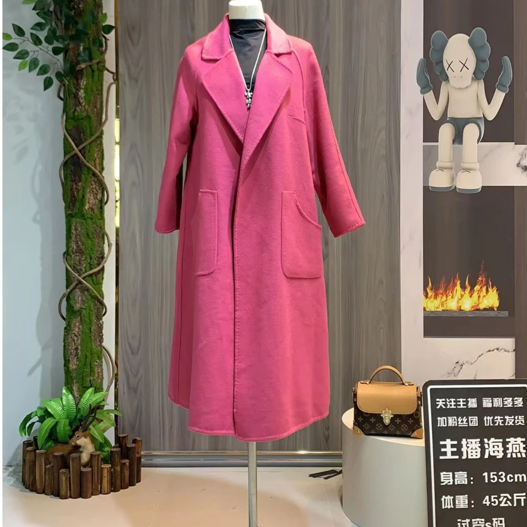 欧货2024秋冬新款中长款时尚高端火龙果色双面羊绒大衣毛呢外套