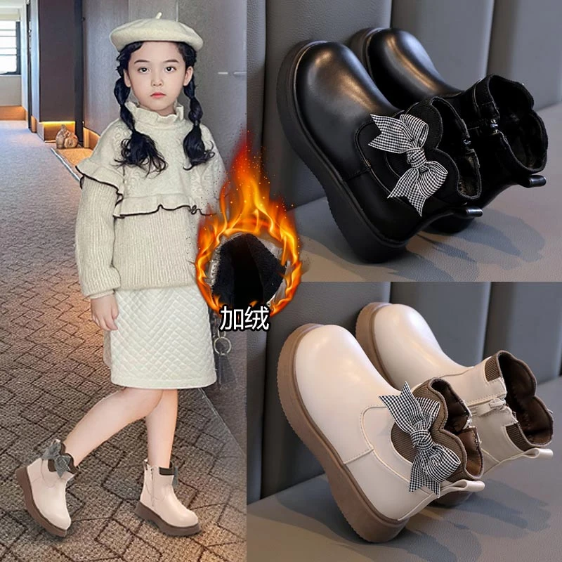 女童棉靴2023新款童鞋女宝加绒皮靴冬季马丁靴英伦风百搭中筒靴子