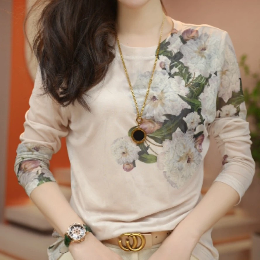 春夏长袖新款肌肤网纱圆领上衣小衫透气双层百搭洋气显瘦气质小衫