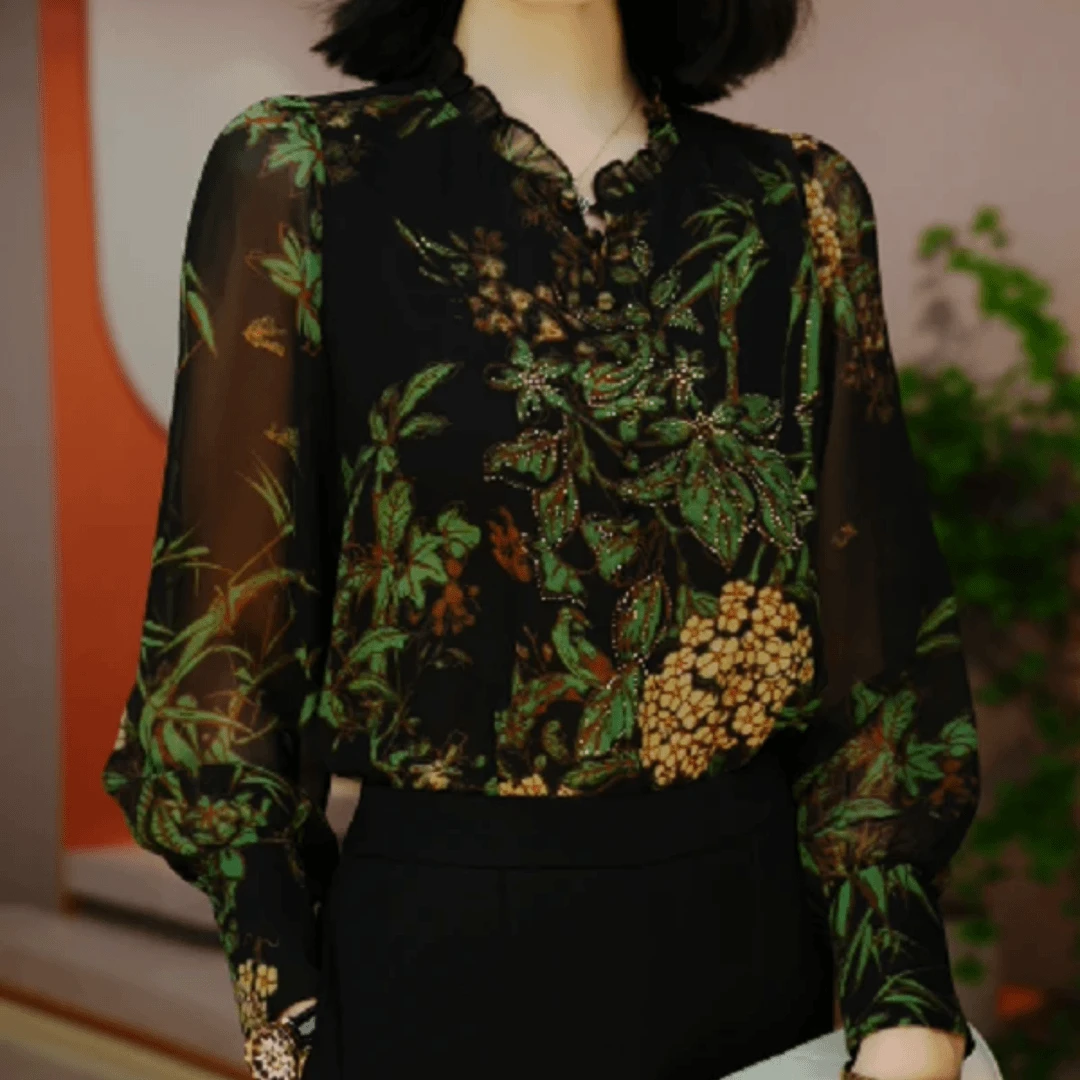 2024气质秋季新款衬衣衬衫洋气印花双绉丝减龄小衫宽松上衣女