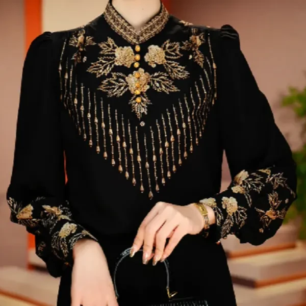 春夏秋外穿新款衬衣领显瘦减龄透气印花套头小衫V24L266