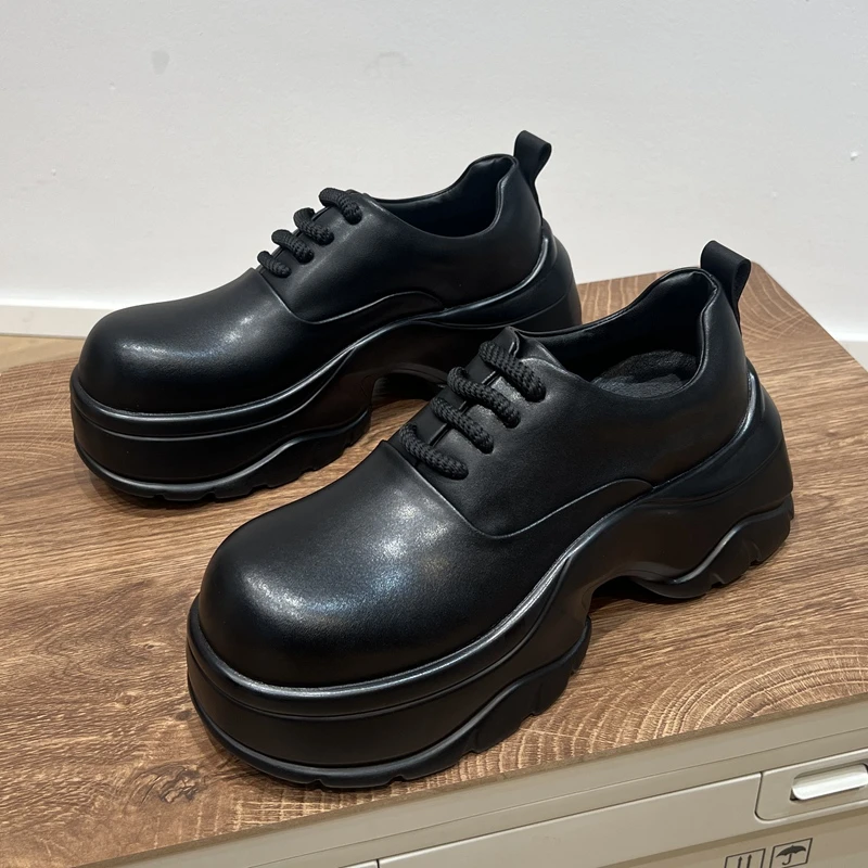 厚底男鞋春季新款机甲风黑色百搭休闲男皮鞋时尚圆头系带增高鞋子