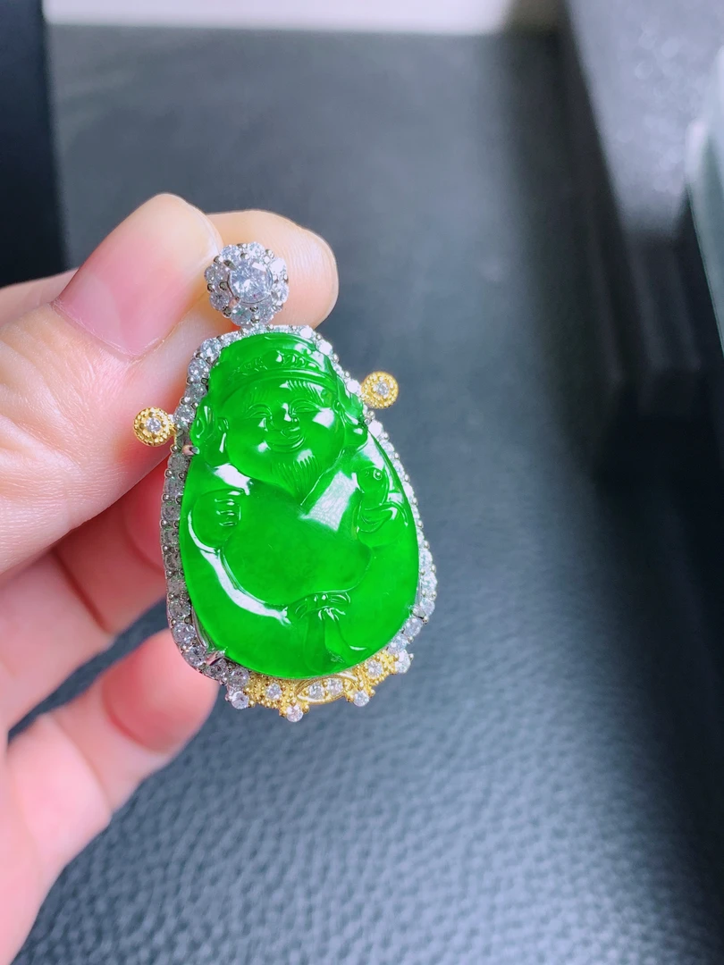 天然翡翠A货冰种阳绿色豪华镶嵌财神玉吊坠送礼佳品