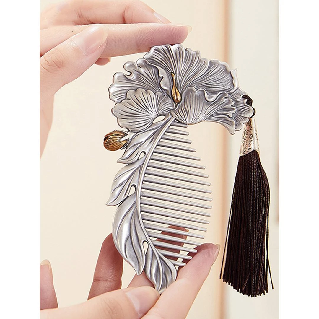 足银银制品 银梳子999纯银正品出水芙蓉手工刮痧雪花银梳发梳插梳