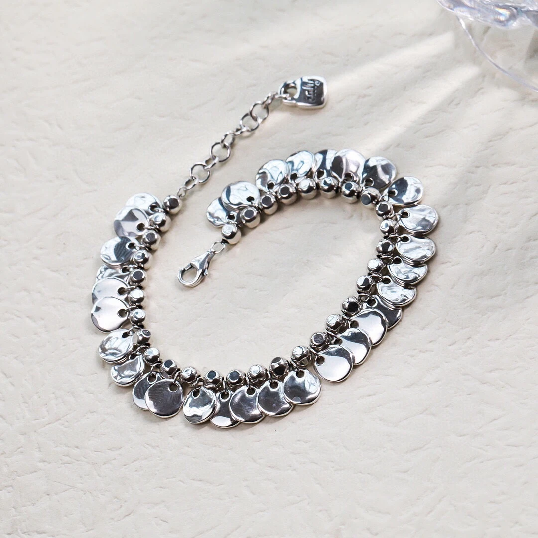 925银手链 s925纯银灵动银片手链小众设计隔珠几何亮片女款手工