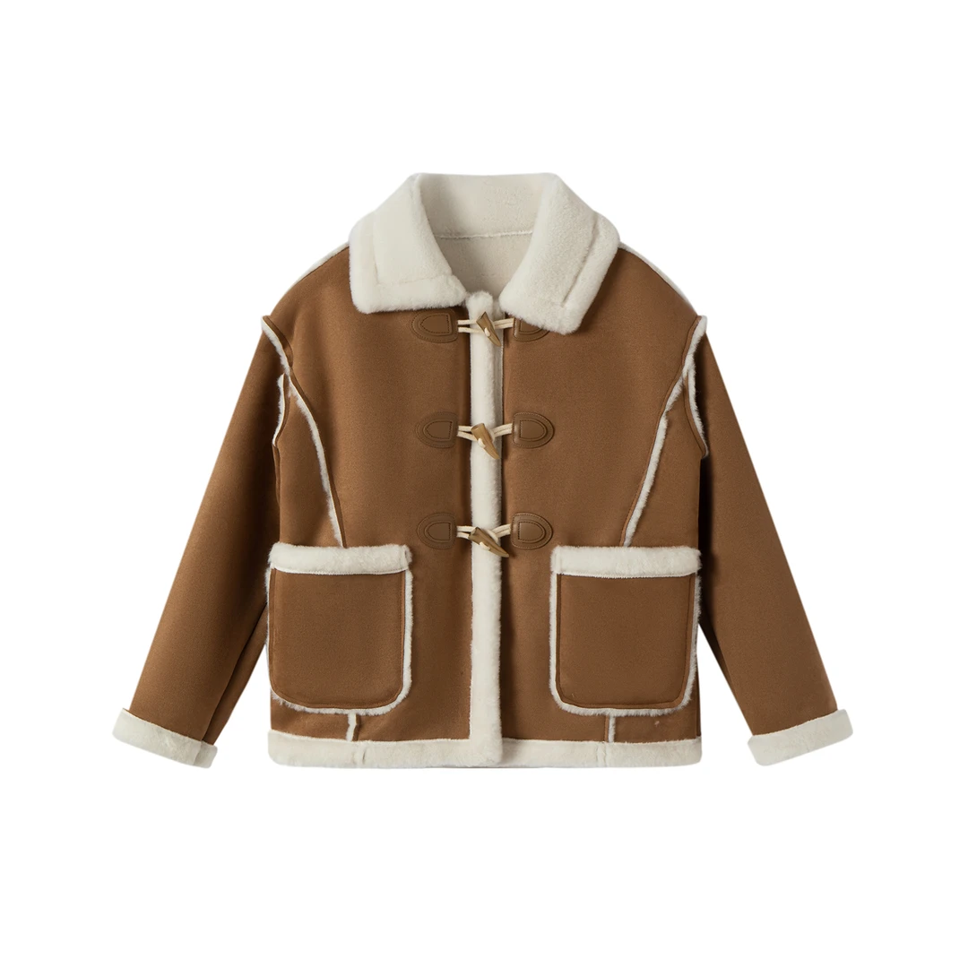 冬季新款牛角扣保暖上衣加厚毛毛大口袋翻领短外套160