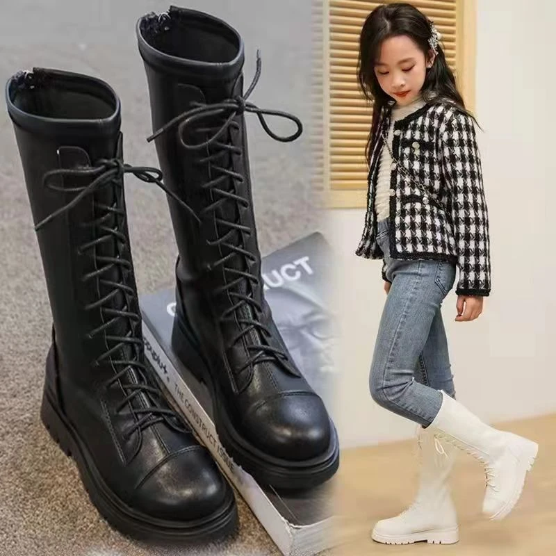 女童靴子2023秋冬新款高筒长靴走秀长靴儿童马丁靴薄绒公主皮靴