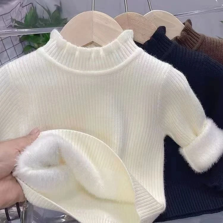 女童一体绒毛衣加绒新款儿童韩版花边领打底衫宝宝百搭保暖针织衫