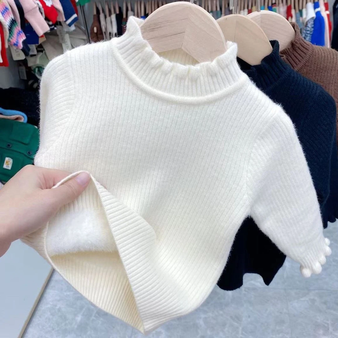 宝宝毛衣秋冬女童一体绒打底衫冬款儿童半高领针织衫