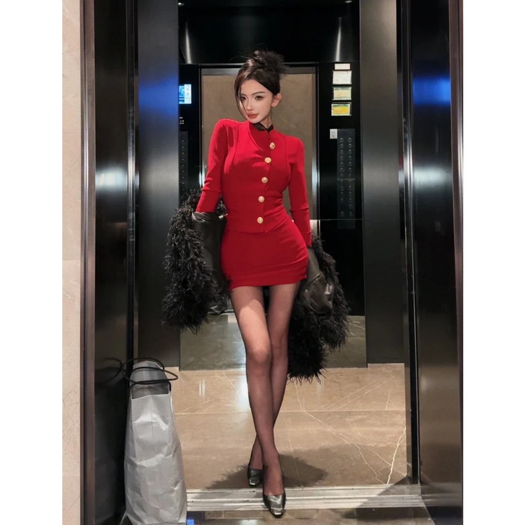 【PAN】气质氛围感红色大气修身显瘦长袖短款外套上衣P474