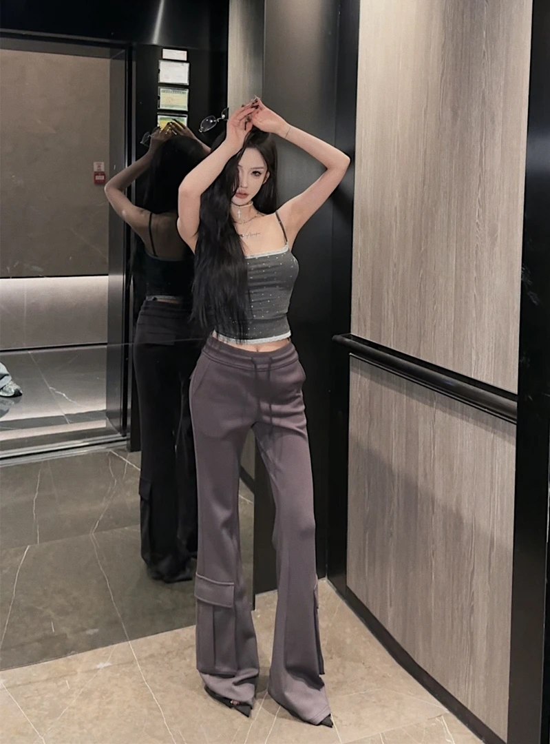 现货【PAN】辣妹设计感高腰抽绳工装口袋喇叭裤P517