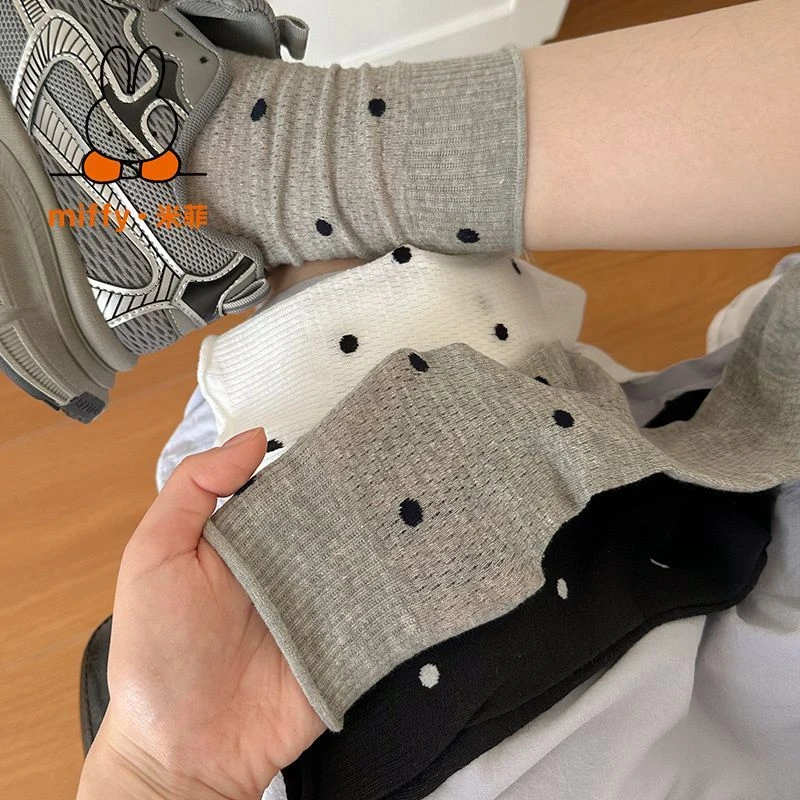 米菲波点袜子女夏季薄款堆堆袜女夏天中筒袜灰色袜子芭蕾风网眼袜
