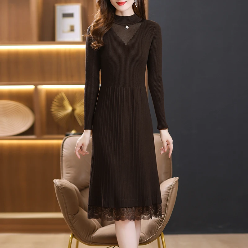 气质蕾丝连衣裙时尚过膝配大衣内搭毛衣春秋显瘦针织打底裙中长款