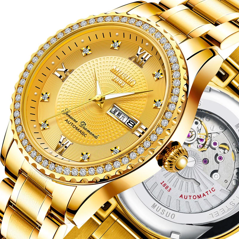 MUSUO/慕梭手表男士机械表全自动精钢时尚镶钻金色镂空防水夜光表