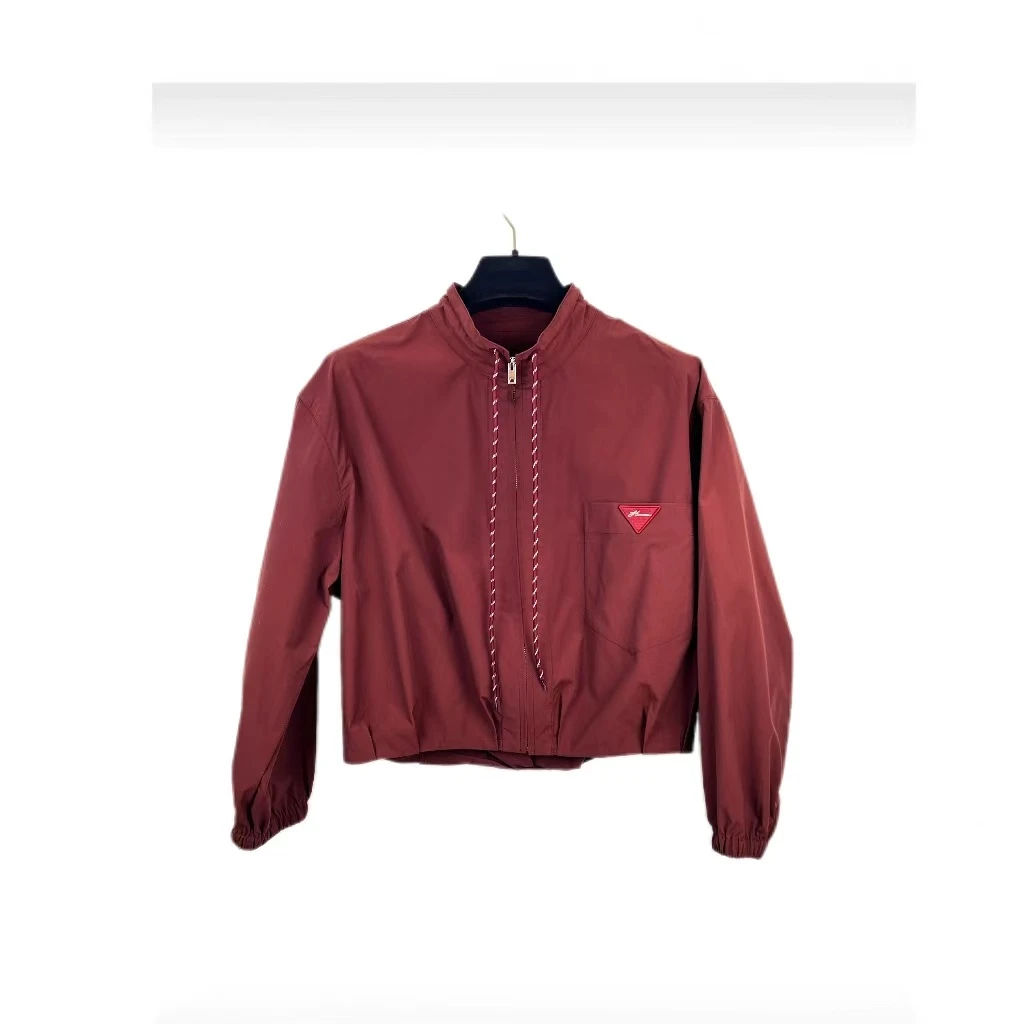 Hooomiee休闲工装风枣红女士短款拉链长袖倒三角短外套A93