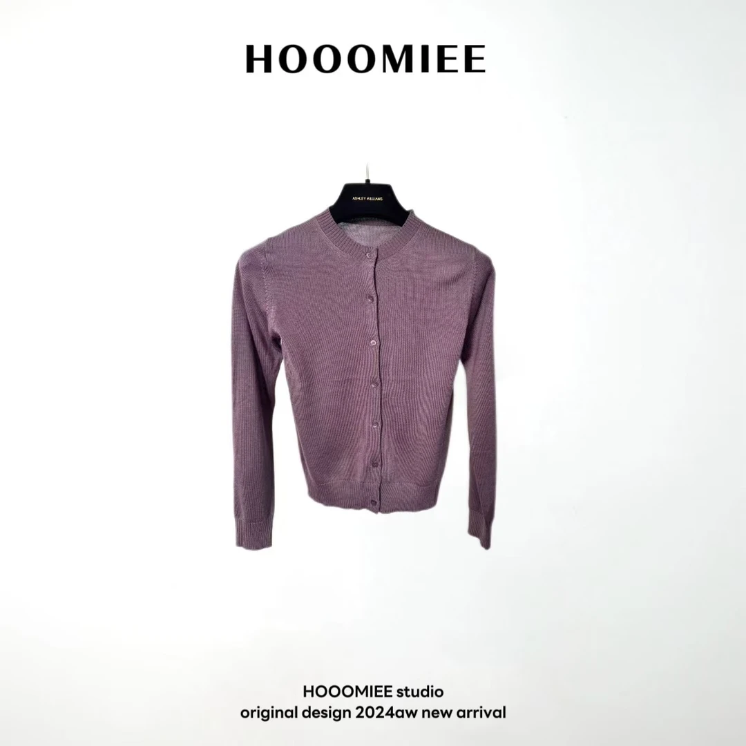 Hooomiee优雅风罗兰紫巴素兰羊毛单排扣休闲长袖针织开衫2024531